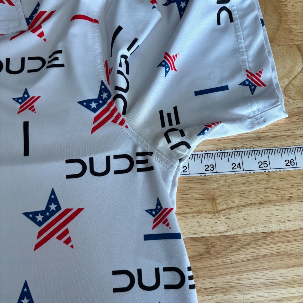 Waggle Performance Golf Polo‎ Shirt Dude Wipes USA Stars Mens L Stretch S/S read - Picture 9 of 10